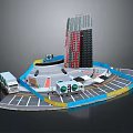 Modern Urban Architecture With High Rise Building Parking Lot And Public Facilities