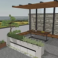 Rooftop Garden Design With Wooden Pergola Bench Green Plants And Stone Wall