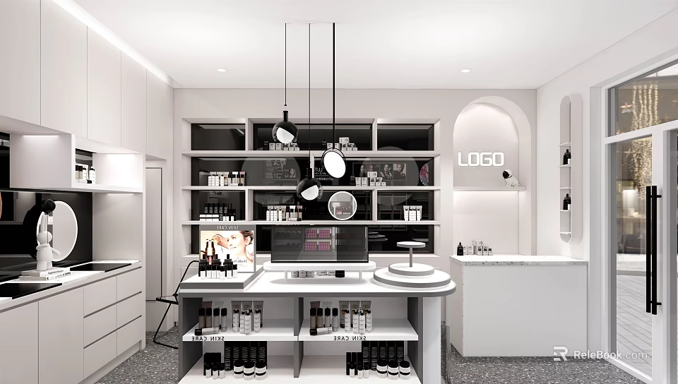 Elegant Wine Boutique Interior With White Cabinets Black Shelves Pendant Lights Display Shelves And Wine Bottles 3d model 