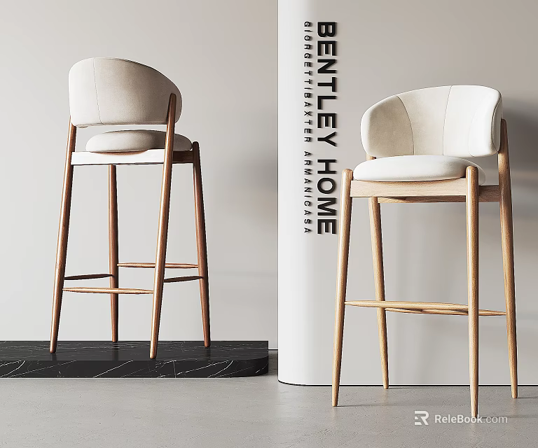 Elegant Modern Bar Stools With Wooden Frame And Curved Upholstered Backrest 3d model 