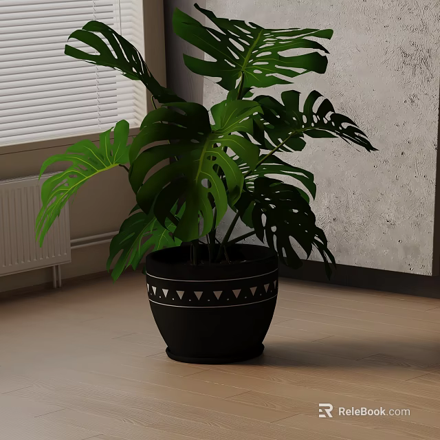 Lush Monstera Potted Plant in Black Pot with White Geometric Patterns by Window Blinds 3d model 