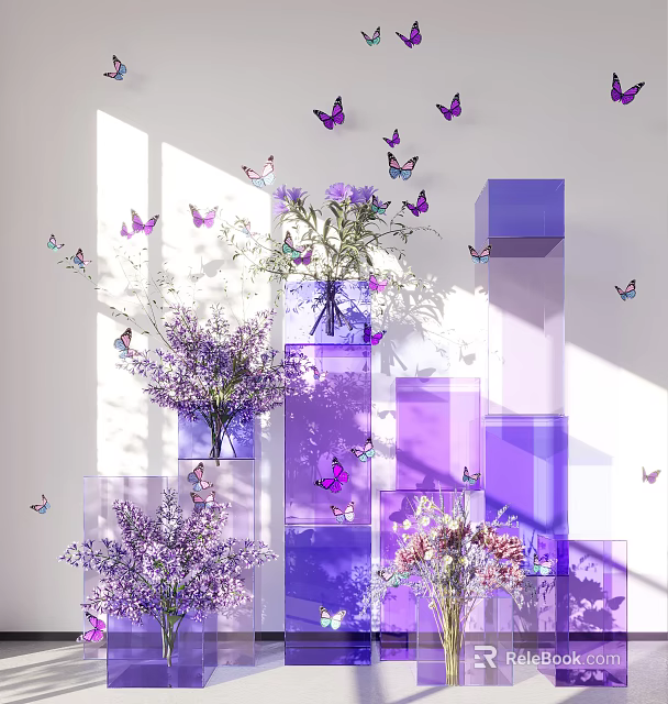 Purple Butterflies And Flower Bouquets With Transparent Cubes In Sunlight White Background 3d model 