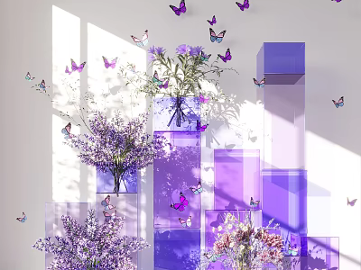 Purple Butterflies And Flower Bouquets With Transparent Cubes In Sunlight White Background 3d model