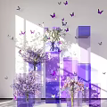 Purple Butterflies And Flower Bouquets With Transparent Cubes In Sunlight White Background
