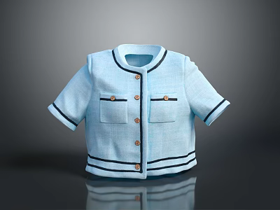 Light Blue Short Sleeved Tweed Blazer With Black Trim And Chest Pockets 3d model