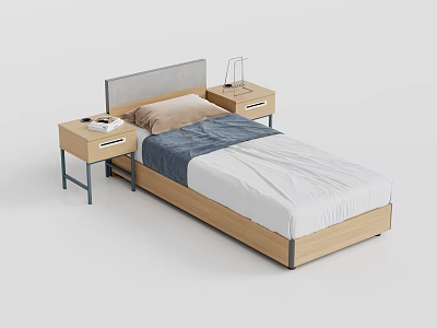 Single Bed with Gray Headboard Wooden Frame White Gray Bedding Two Nightstands Lamp and Books 3d model