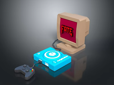 Retro Computer With Red Screen Displaying FATE Blue CD Player And Black Game Controller 3d model
