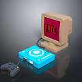 Retro Computer With Red Screen Displaying FATE Blue CD Player And Black Game Controller