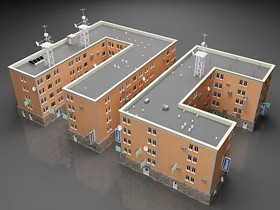 European Style Architecture With Red Brick Exterior Gray Roof And Multiple Windows 3d model