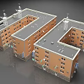European Style Architecture With Red Brick Exterior Gray Roof And Multiple Windows