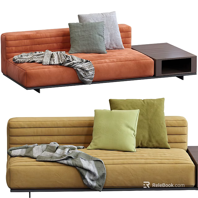 Orange Yellow Sectional Sofas with Colorful Pillows Striped Throw Blanket and Side Tables 3d model