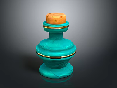 A Woman Holding Turquoise Decorative Bottle With Wooden Cork And Gold Accents 3d model