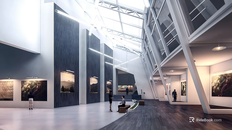 Modern Art Gallery Interior With Hanging Artworks Glass Skylight Visitors And Spacious Design 3d model 