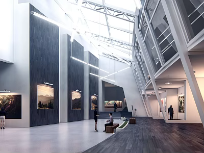 Modern Art Gallery Interior With Hanging Artworks Glass Skylight Visitors And Spacious Design 3d model