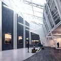 Modern Art Gallery Interior With Hanging Artworks Glass Skylight Visitors And Spacious Design