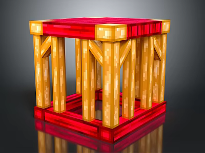 Red And Yellow Wooden Cubic Frame Structure With Support Beams And Base 3d model