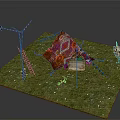 Colorful Patterned Tent Setup On Grassland With Decorative Structures And Small Items