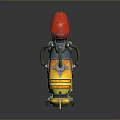Futuristic Mechanical Weapon With Yellow Casing Red Glowing Tip Green Hose And Metal Stand