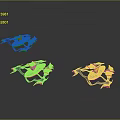 Three Different Colored Fighter Jet Models Displayed On Grey Background