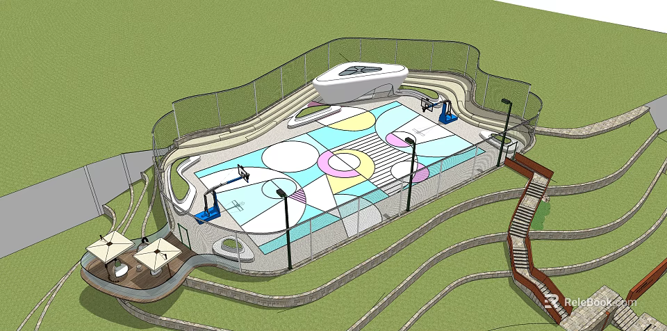 Outdoor Basketball Court Design With Colorful Floor Fencing Lighting And Seating Area 3d model 