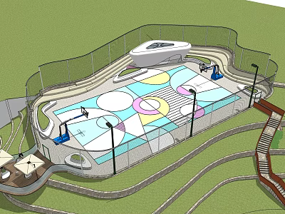 Outdoor Basketball Court Design With Colorful Floor Fencing Lighting And Seating Area 3d model