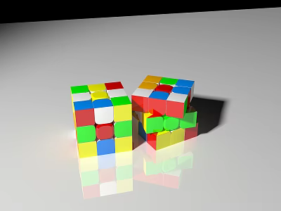 Two Colorful Rubik's Cubes Placed On Reflective Surface With Bright Colored Tiles 3d model