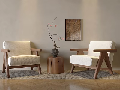 Two White Armchairs With Wooden Frame Interior With Small Stool Vase Branches And Wall Art 3d model
