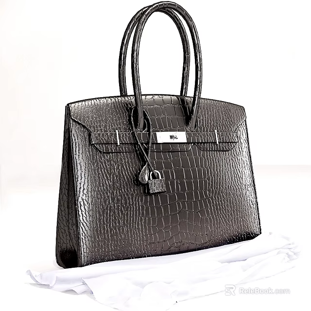 Luxury Black Crocodile Leather Tote Bag Featuring Classic Design Metal Hardware And Padlock Detail 3d model 