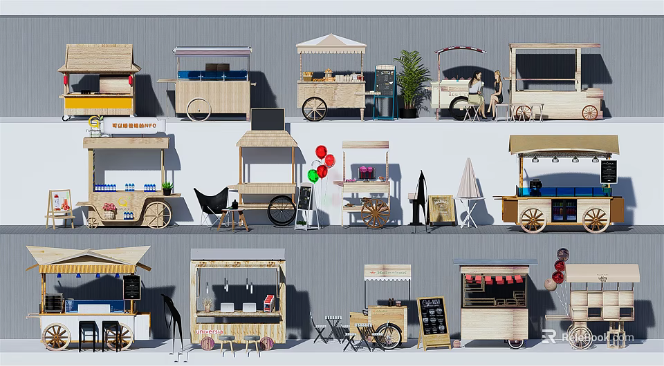 Variety Of Functional Food Carts With Unique Designs And Decorations 3d model 