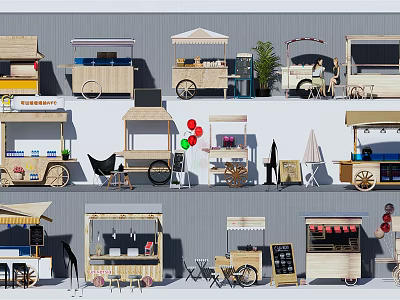Variety Of Functional Food Carts With Unique Designs And Decorations 3d model