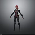 Female Character With Red Hair In Dark Form Fitting Suit And Red Accents Standing Pose
