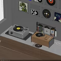 Vintage Turntable Audio System with Vinyl Records Wooden Cabinet and Wall Decor