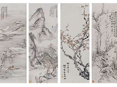 Chinese Landscape Painting Landscape Figure Jingmei Blossom Four Collage model