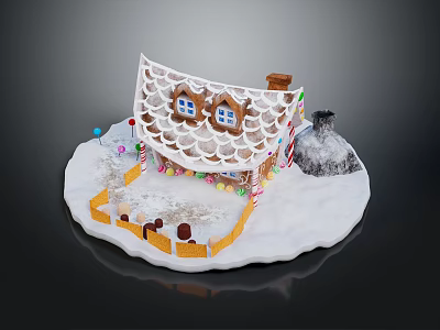 Gingerbread House With Icing Decorated Roof Frosted Windows Chimney And Snowy Candy Surroundings 3d model