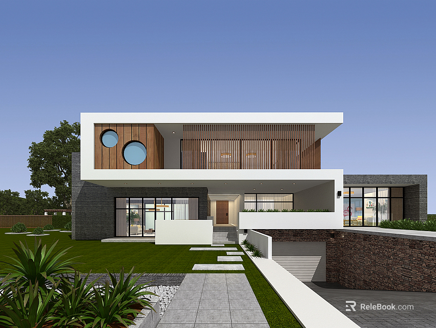 Modern Detached Villa Exterior with Wooden Cladding Circular Windows Large Glass Lawn and Path 3d model 