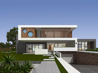 Modern Detached Villa Exterior with Wooden Cladding Circular Windows Large Glass Lawn and Path 3d model