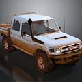 Weathered Off Road Pickup Truck With White Roof And Rusty Cargo Bed
