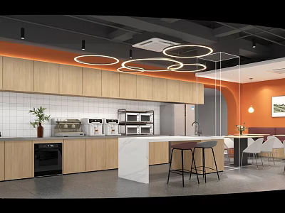Stylish Tea Room Interior With Wooden Cabinets White Countertop Circular Pendant Lights And Coffee Machines 3d model