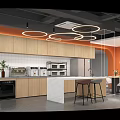 Stylish Tea Room Interior With Wooden Cabinets White Countertop Circular Pendant Lights And Coffee Machines