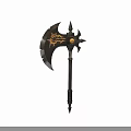 Ornate Battle Axe Weapon With Flame Pattern Circular Symbol And Long Handle