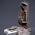 Damaged Brick Wall Structure With Wooden Door Window Frame And Concrete Base Debris
