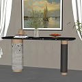 Modern Console Table Interior With Black Countertop White Curtains Wall Painting And Potted Plant