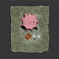 Outdoor Picnic Setup With Grass Table Checkered Tablecloth Basket Food And Drinks