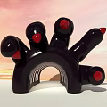 Outdoor Activity Passage Curved Black Structure With Green Panel Red Details And Sunset Sky