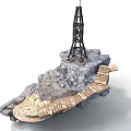 Modern Outdoor Landscape With Tower Rocky Terrain And Wooden Walkway