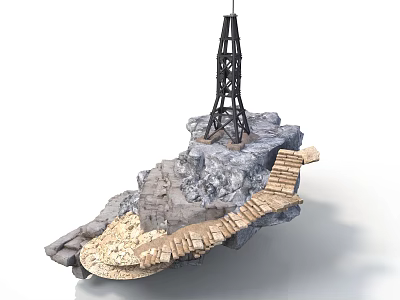 Modern Outdoor Landscape With Tower Rocky Terrain And Wooden Walkway 3d model