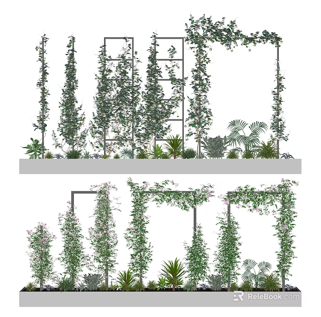Various Climbing Vines On Decorative Trellis With Green Plants And Floral Details 3d model 