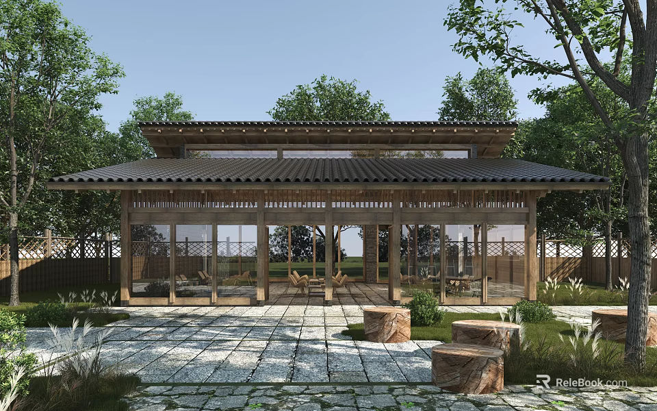 Traditional Wooden Post House Featuring Tile Roof and Open Courtyard with Stone Path 3d model 