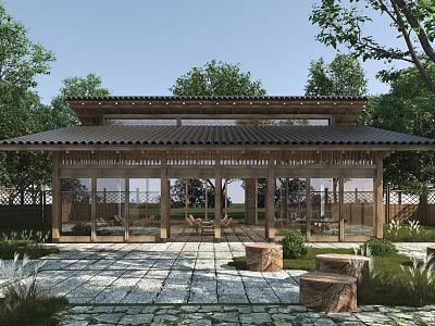 Traditional Wooden Post House Featuring Tile Roof and Open Courtyard with Stone Path 3d model