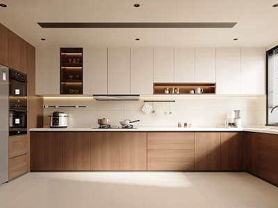 Modern Kitchen Interior With Wooden Cabinets White Countertops And Appliances 3d model